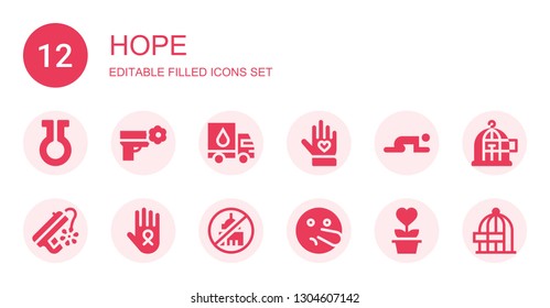 hope icon set. Collection of 12 filled hope icons included Life, Peace, Donation, Voluntary, Prayer, Cancer, Ngo, Liar, Charity, Freedom