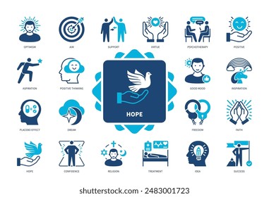 Hope icon set. Optimism, Positive Thinking, Virtue, Freedom, Confidence, Aspiration, Faith, Good Mood, Success. Duotone color solid icons