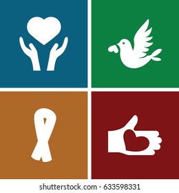 Hope icons set. set of 4 hope filled icons such as ribbon, heart on hand, love bird