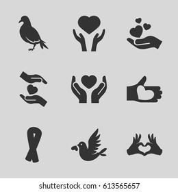Hope icons set. set of 9 hope filled icons such as dove, ribbon, heart on hand, hands holding heart