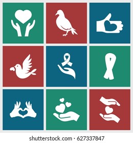 Hope icons set. set of 9 hope filled icons such as dove, ribbon, heart on hand, hands holding heart