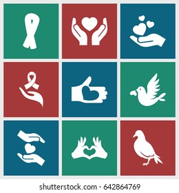 Hope icons set. set of 9 hope filled icons such as dove, ribbon, hands holding heart, hand holding heart, love bird