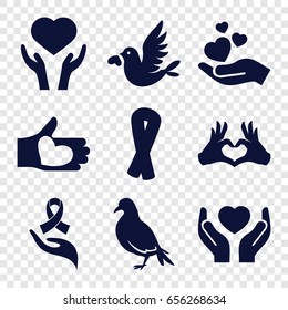 Hope icons set. set of 9 hope filled icons such as dove, ribbon, heart on hand, hands holding heart