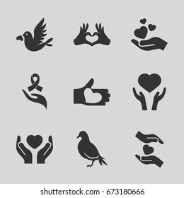 Hope icons set. set of 9 hope filled icons such as dove, heart on hand, hands holding heart