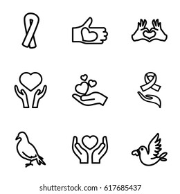 Hope icons set. set of 9 hope outline icons such as dove, ribbon, heart on hand, hands holding heart