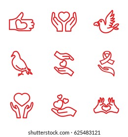 Hope icons set. set of 9 hope outline icons such as dove, heart on hand, hands holding heart