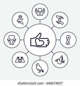 Hope icons set. set of 9 hope outline icons such as dove, ribbon,  hands holding heart, love bird