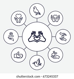 Hope icons set. set of 9 hope outline icons such as dove, heart on hand 