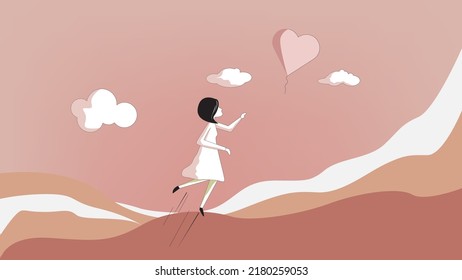 A hope. illustration vector. a girl chasing a balloon in the wind. eps10