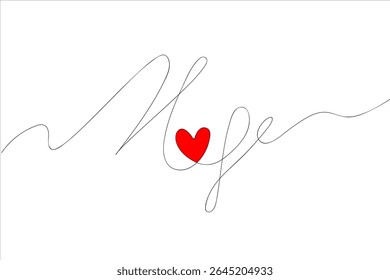 HOPE Lettering. Continuous Single Line Drawing Line Art red heart. International Day of Hope. International Day of Charity. Vector illustration