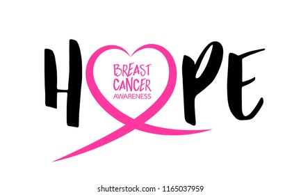 Hope lettering design with Pink heart line. Breast cancer awareness concept. Vecotr illustration isolated on white background.