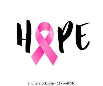 Hope lettering design with pink ribbon. Breast Cancer Awareness Month Campaign. For poster, banner and t-shirt. Vector Illustration isolated on white background.