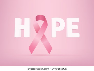 Hope lettering design with Pink ribbon, Breast Cancer Awareness pink ribbon of thread.