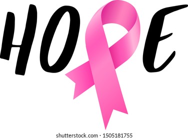 Hope lettering design with pink ribbon. Breast Cancer Awareness Month Campaign. For poster, banner and t-shirt. Vector Illustration isolated on white background.