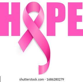 Hope lettering design with pink ribbon. Breast Cancer Awareness Month Campaign. For poster, banner and t-shirt. Vector Illustration isolated on white background.