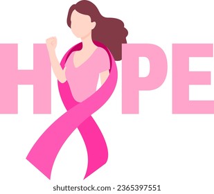 Hope lettering design with pink ribbon and a fighting woman. Breast cancer awareness month. Design for poster, banner, t-shirt. Vector illustration.