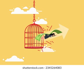 Hope and liberty. Brave businesswoman escape from birdcage using his money wings, get out of comfort zone to find new job