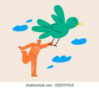 Hope and liberty concept. Open mind or fly away for better life. Colorful vector illustration
