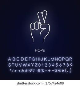Hope neon light icon. Crossed fingers for luck. Optimistic outlook. Positive mental attitude. Outer glowing effect. Sign with alphabet, numbers and symbols. Vector isolated RGB color illustration