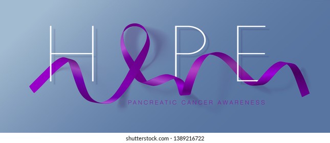 Hope. Pancreatic Cancer Awareness Calligraphy Poster Design. Realistic Purple Ribbon. November is Cancer Awareness Month. Vector Illustration