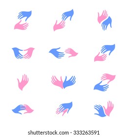 Hope or parting. Man and woman hands. Vector illustration. Logo. Pink and blue. 