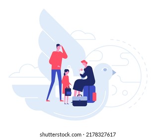 Hope for peace - modern colorful flat design style illustration on white background. A scene with family with two small children trying to find a secluded corner to survive the hard times. Dove