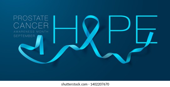 Hope. Prostate Cancer Awareness Calligraphy Poster Design. Realistic Light Blue Ribbon. September is Cancer Awareness Month. Vector Illustration