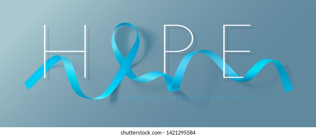 Hope. Prostate Cancer Awareness Calligraphy Poster Design. Realistic Light Blue Ribbon. September is Cancer Awareness Month. Vector Illustration