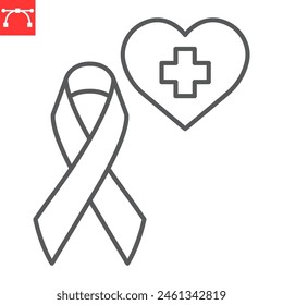 Hope for recovery line icon, aids and disease, awareness ribbon with heart cross vector icon, vector graphics, editable stroke outline sign, eps 10.