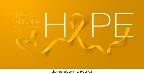 Hope. Sarcoma and Bone Cancer Awareness Calligraphy Poster Design. Realistic Yellow Ribbon. July is Cancer Awareness Month. Vector