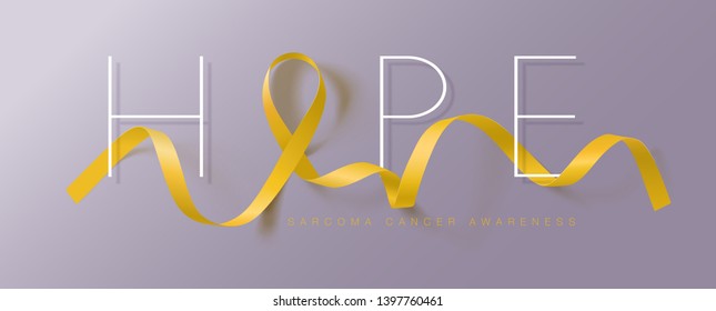 Hope. Sarcoma and Bone Cancer Awareness Calligraphy Poster Design. Realistic Yellow Ribbon. July is Cancer Awareness Month. Vector Illustration