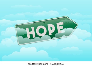 A HOPE sign floating over the clouds. Vector illustration. Creative banner of Hope word.