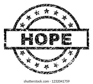 HOPE stamp seal watermark with distress style. Designed with rectangle, circles and stars. Black vector rubber print of HOPE title with grunge texture.