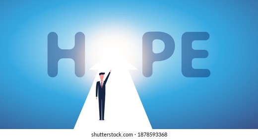 Hope - Standing Businessman on an Arrow and Pointing to the Sun Light - Vector Design Concept
