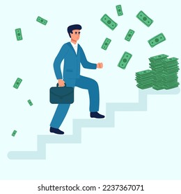 Hope to success in business, accomplishment or reaching business goal, reward and motivation concept, smart confident businessman climb up stair to the top to reaching to grab precious star reward