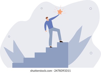 Hope to success in business, accomplishment or reaching business goal, reward and motivation concept, smart confident businessman climb up stair to the top to reaching to grab precious star reward