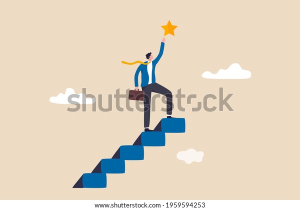 Hope to success in business, accomplishment or\
reaching business goal, reward and motivation concept, smart\
confident businessman climb up stair to the top to reaching to grab\
precious star reward.