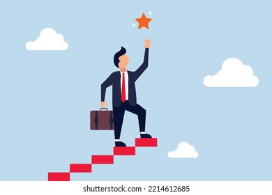 Hope to success in business, smart confident businessman climb up stair to the top to reaching to grab precious star reward.