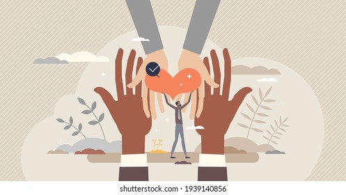 Hope and support with giving heart for sharing and caring tiny person concept. Community love and support with safety, donation or social awareness vector illustration. Problem solving with unity.