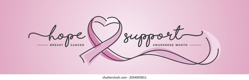 Hope support handwritten line design typography breast cancer awareness month creative pink ribbon symbol and background vector illustration banner