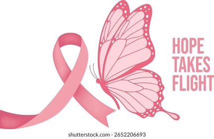 Esperança toma voo rosa fita borboleta símbolo da consciência do câncer de mama