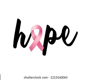 Hope Text With Pink Ribbon To World Breast Cancer Awareness Month. Bright Brest Cancer Medical Banner. Vector Illustration EPS 10 File.