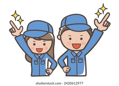 Hope for tomorrow_Illustration of male and female workers and cleaning staff in a pointing pose