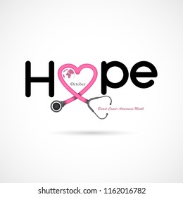 "Hope" typographical.Hope word icon.Breast Cancer October Awareness Month Campaign Background.Women health vector design.Breast cancer awareness logo design.Breast cancer awareness month icon.Vector 