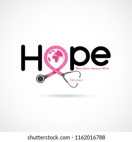 "Hope" typographical.Hope word icon.Breast Cancer October Awareness Month Campaign Background.Women health vector design.Breast cancer awareness logo design.Breast cancer awareness month icon.Vector 