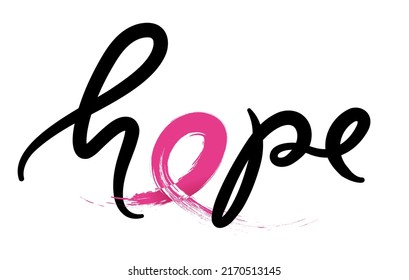 hope typography design with cancer awareness ribbon for breast cancer campaign vector. Handwritten style