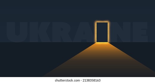 Hope for Ukraine - Lettering with Dark Room in Half Light,Door Closed, Low Light Coming Through from Outside - Vector Design Concept, Symbol of Freedom,Way Out of Crisis, Possibility of End of the War