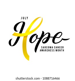 Hope. Vector Calligraphy Poster. Yellow Awareness Ribbons of Sarcoma Cancer Vector illustration.