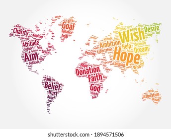 HOPE word cloud in shape of world map, social concept background