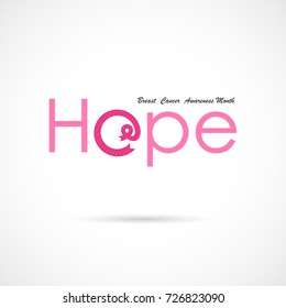 Hope word icon.Breast Cancer October Awareness Month Campaign Background.Women health vector design.Breast cancer awareness logo design.Breast cancer awareness month icon.Realistic pink ribbon icon